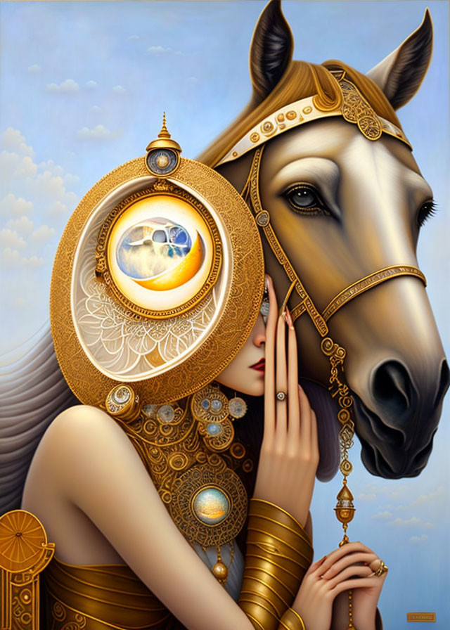 Surreal artwork of woman embracing horse with golden embellishments