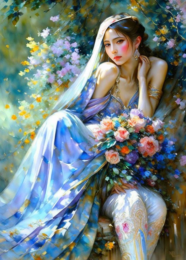 Ethereal woman in blue veil with bouquet against floral backdrop