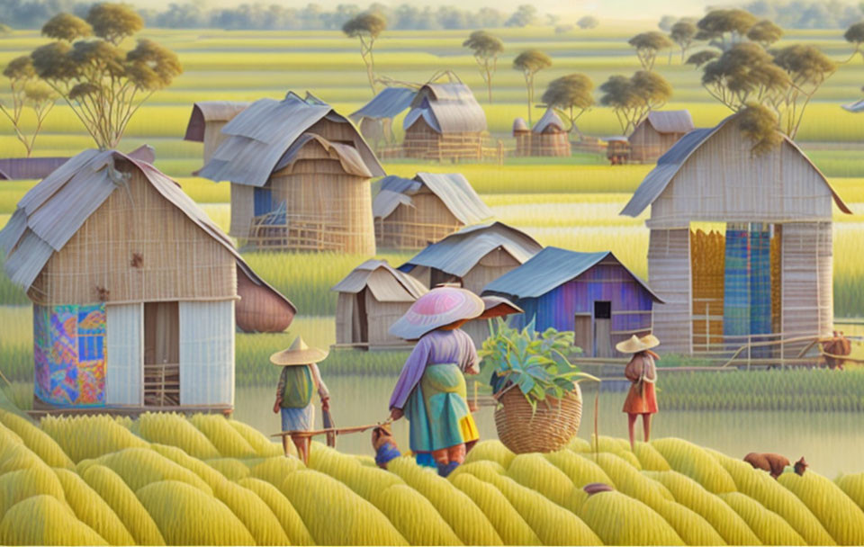 Traditional Asian village with thatched huts, green rice fields, and serene atmosphere