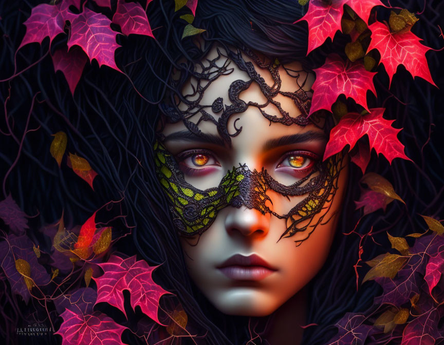 Person with Striking Eyes Partially Obscured by Red Leaves and Wearing Black Lace Mask