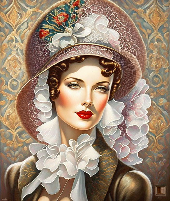 Vintage Style Woman Portrait with Wide-Brimmed Hat & Lace Collar