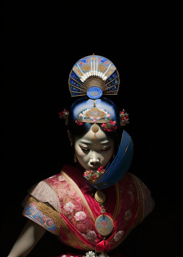 Traditional Asian Attire with Elaborate Headgear and Makeup