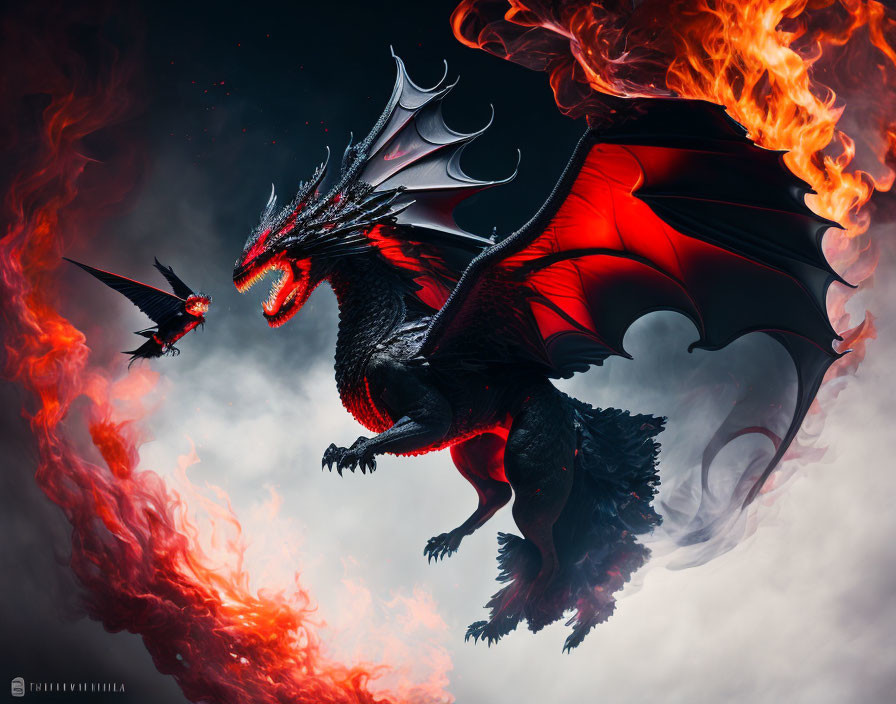 Black and Red Dragon Surrounded by Flames in Stormy Sky