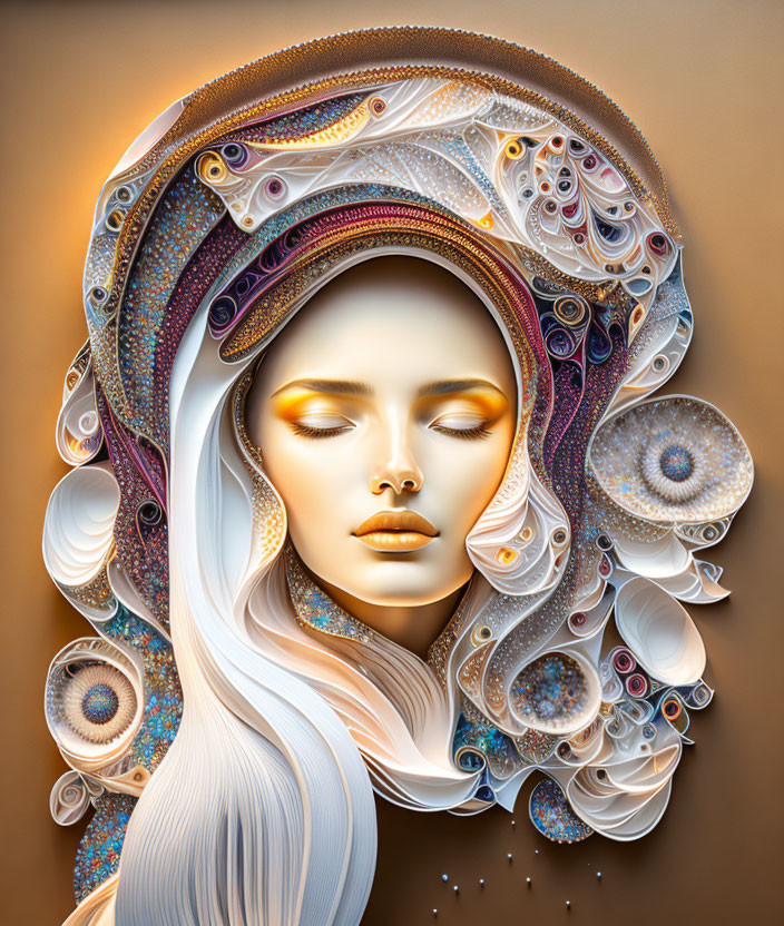 Intricate Paper Quilling Patterns Surround Woman's Face