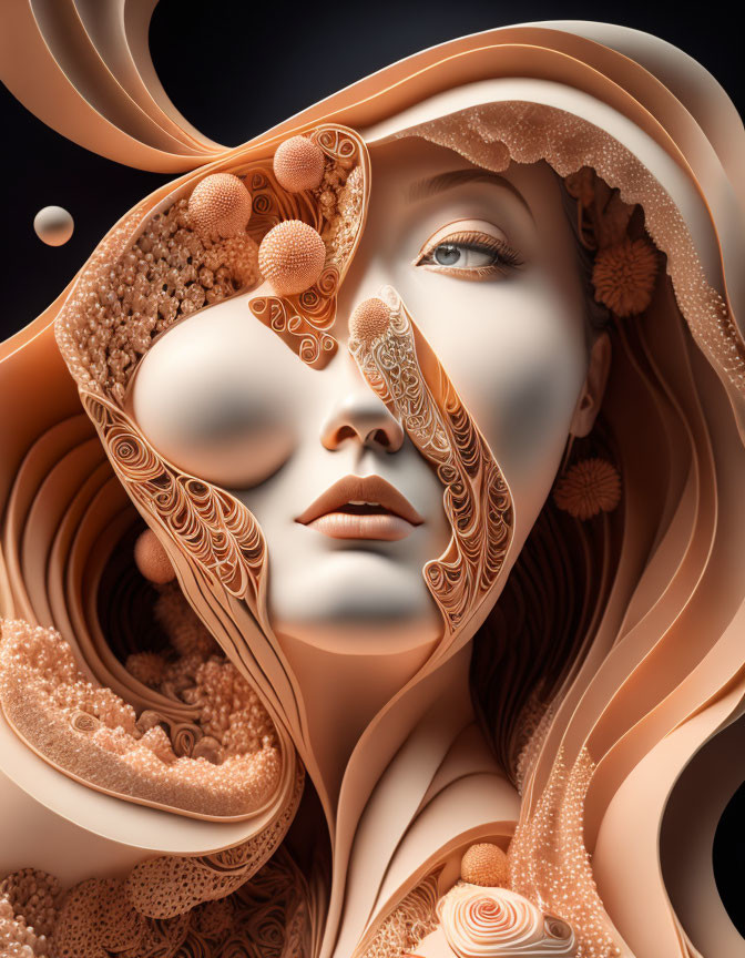 Surreal woman's face merging with organic patterns on dark background