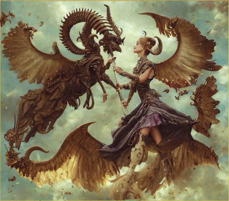 Fantastical image of woman in ornate armor with wings, touching horns with winged ram.
