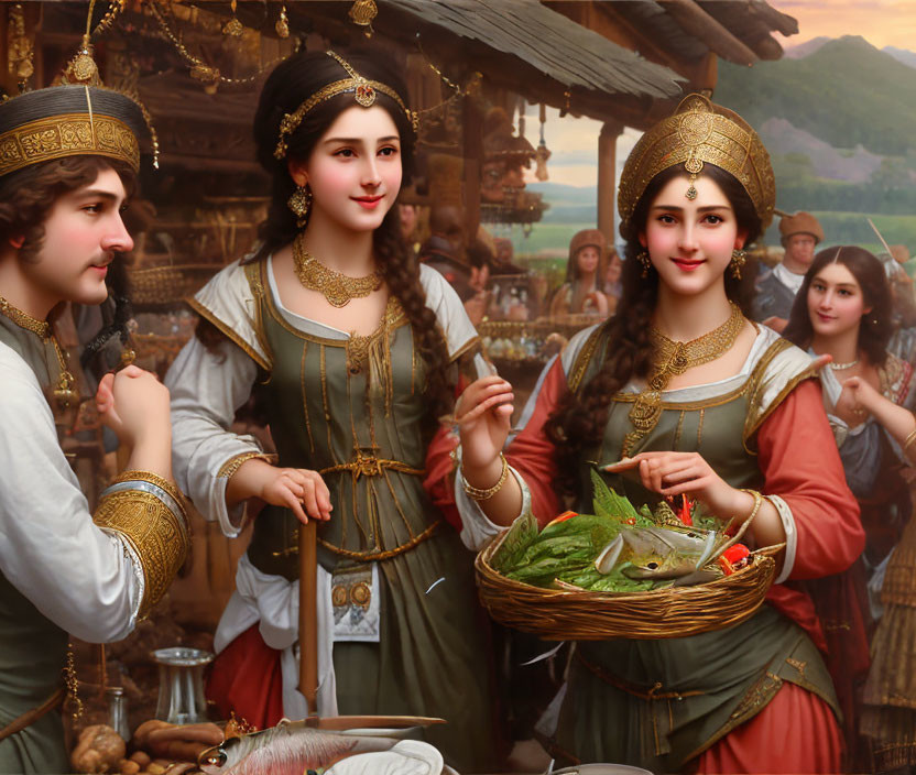 Historical women with vegetables talk to man in market crowd