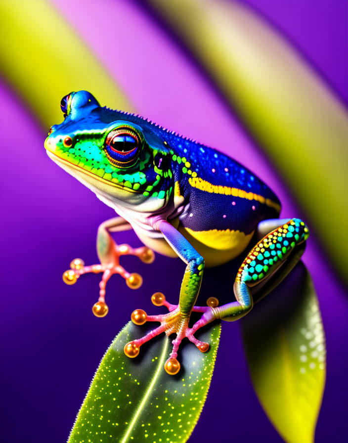 Colorful Frog on Green Leaf with Purple Background and Red-Webbed Feet