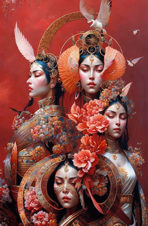 Four stylized women with ornate headdresses on red backdrop