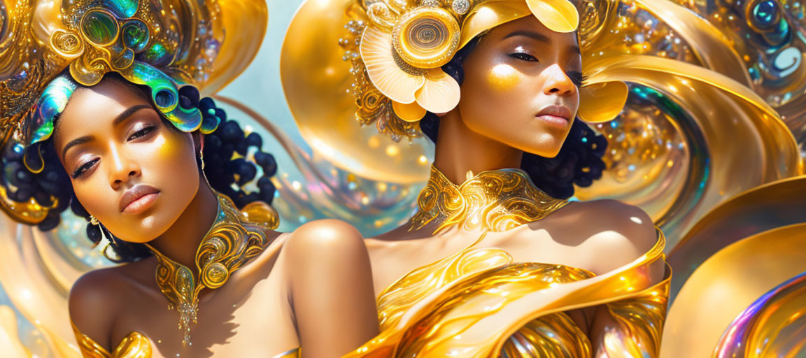 Digital Artwork: Two Women in Golden Adornments on Swirling Background