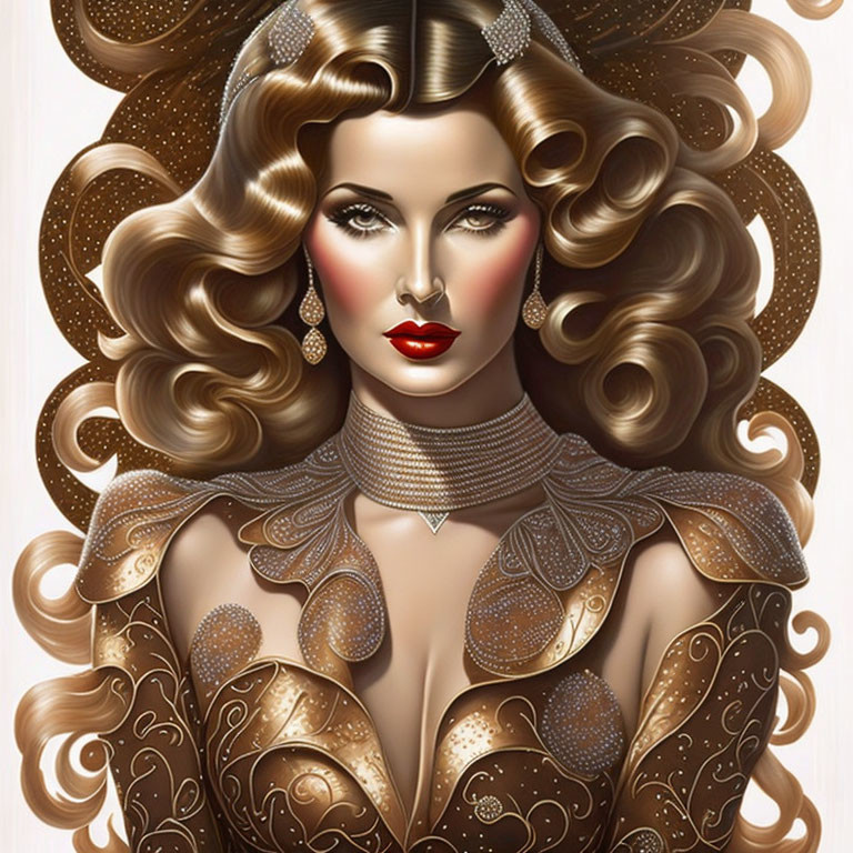 Detailed illustration of woman with voluminous curly hair, bold red lips, gold jewelry, and high-neck