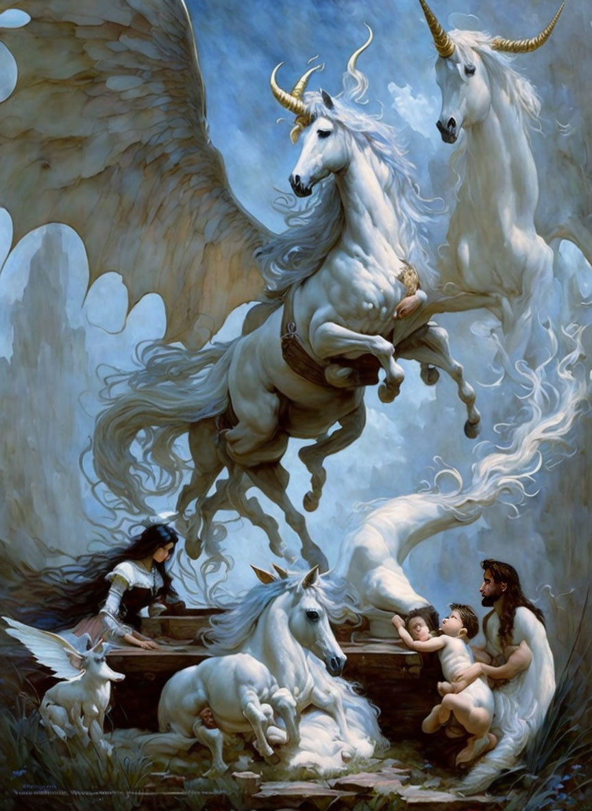 Winged unicorns and humans in a dreamy scene