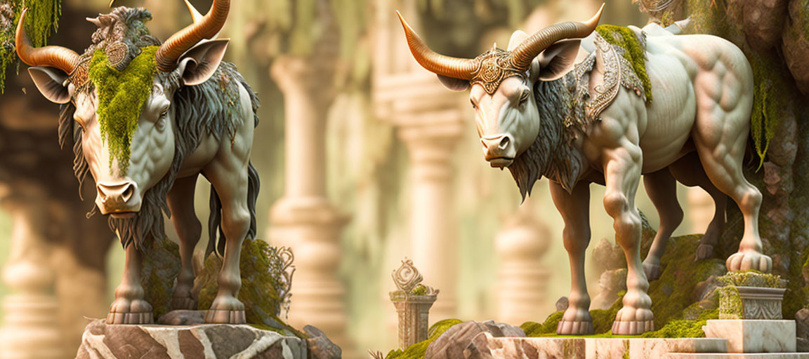 Majestic mythical bulls with ornate horns in ancient ruins