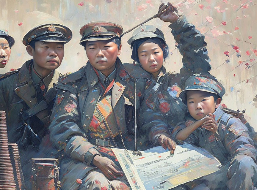 Military uniforms and flowering branches in a contemplative painting