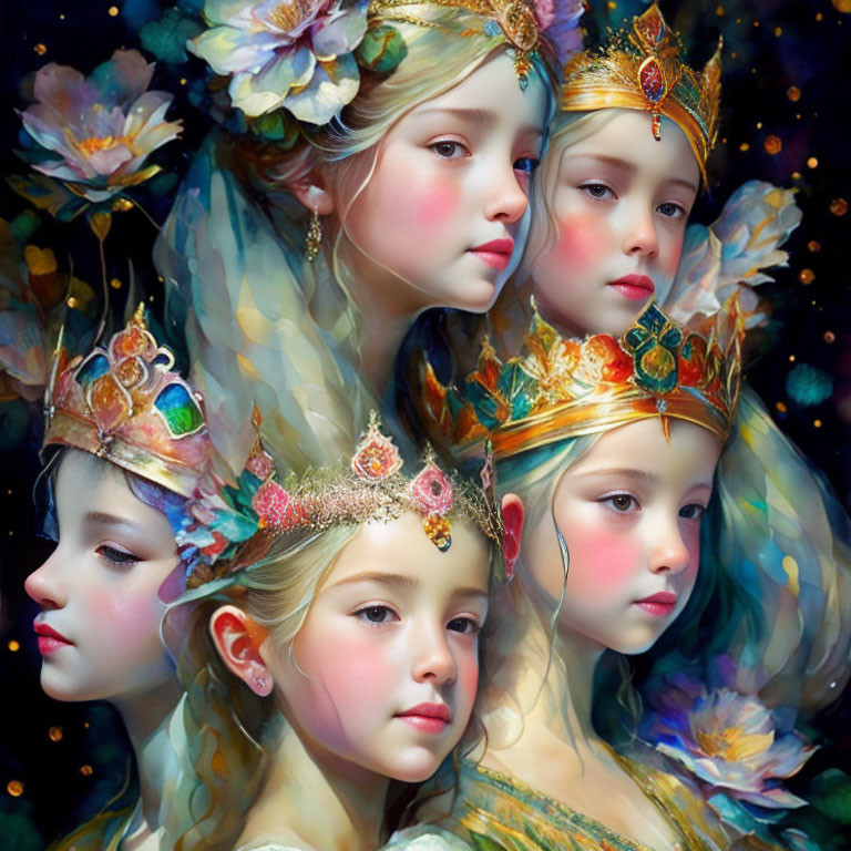 Four identical fantastical female figures with ornate crowns in a starry, dark background