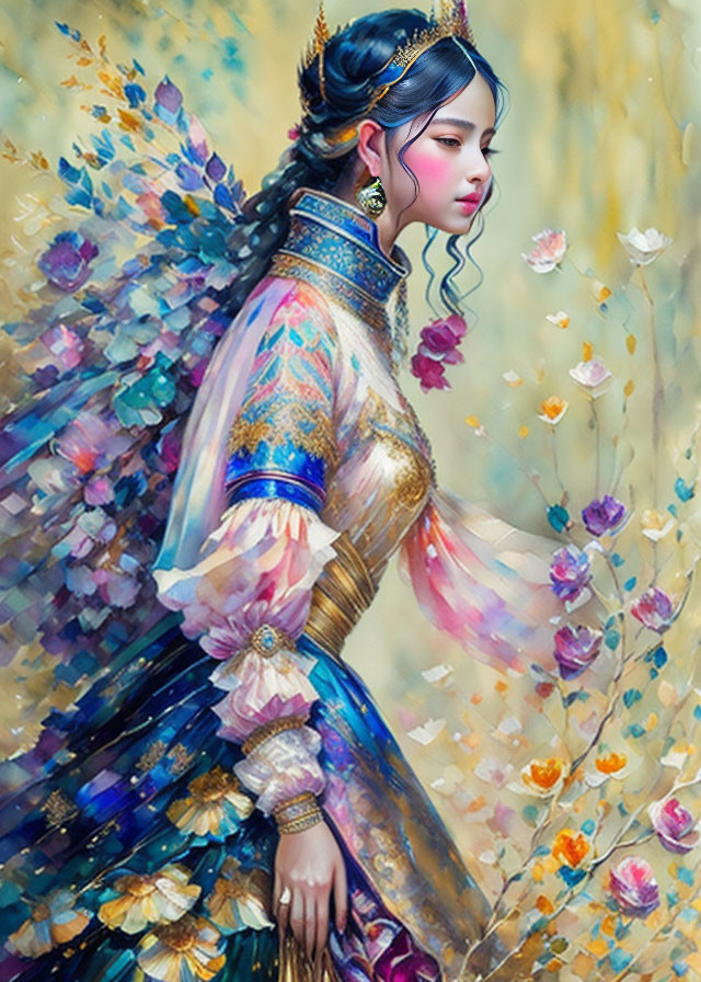 Woman in Colorful Traditional Attire with Butterfly Wings Among Pastel Flowers