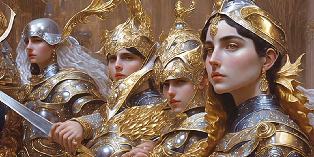 Four warriors in ornate golden helmets and armor with determined expressions