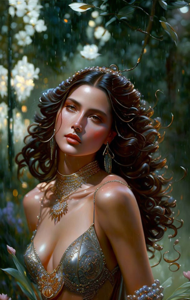 Digital artwork of woman with brown hair and golden jewelry in lush greenery with rain