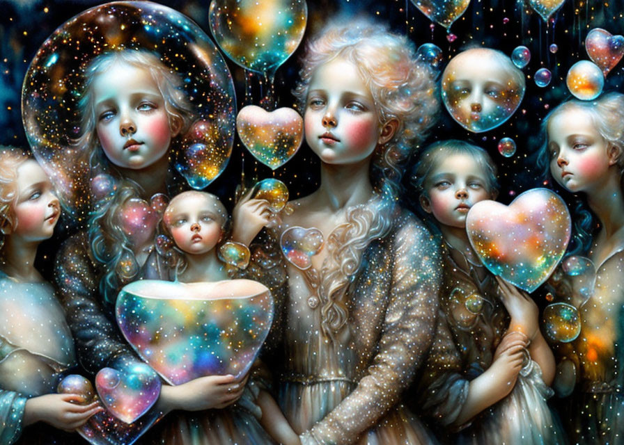 Surreal painting featuring children with ethereal features and cosmic bubbles in a dreamy setting