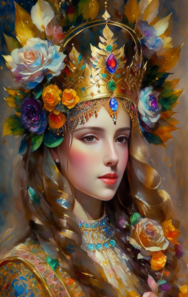 Woman with Ornate Floral Headdress and Jewel-Encrusted Crown in Serene Pose