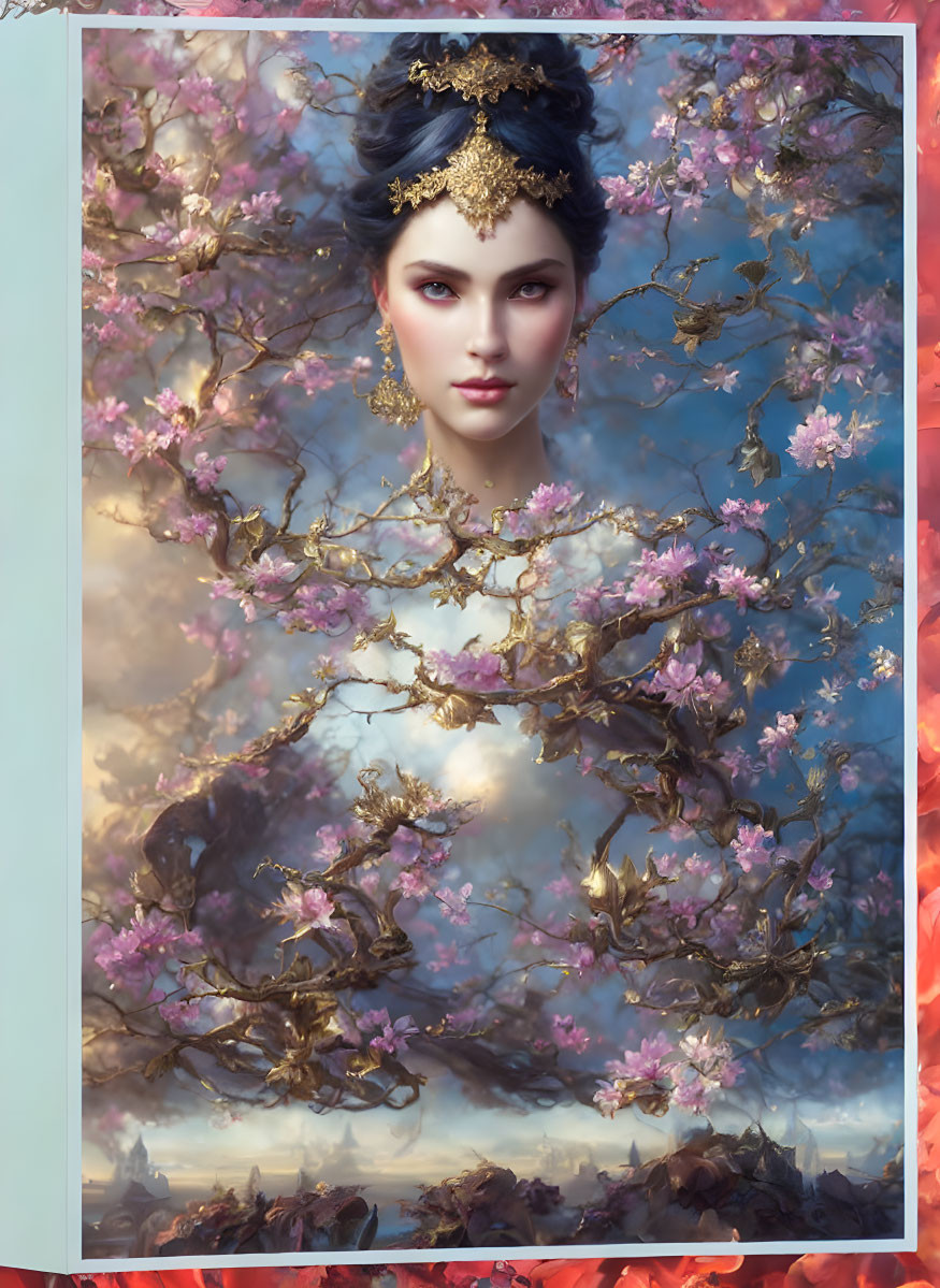 Fantasy portrait of a woman with gold headpiece in cherry blossom setting