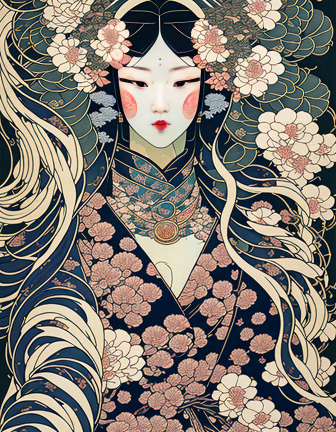 Illustration of woman in floral headpiece and kimono on dark background