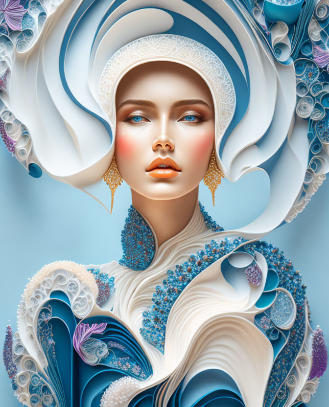 Stylized digital portrait of a woman in white and blue attire with gold earrings