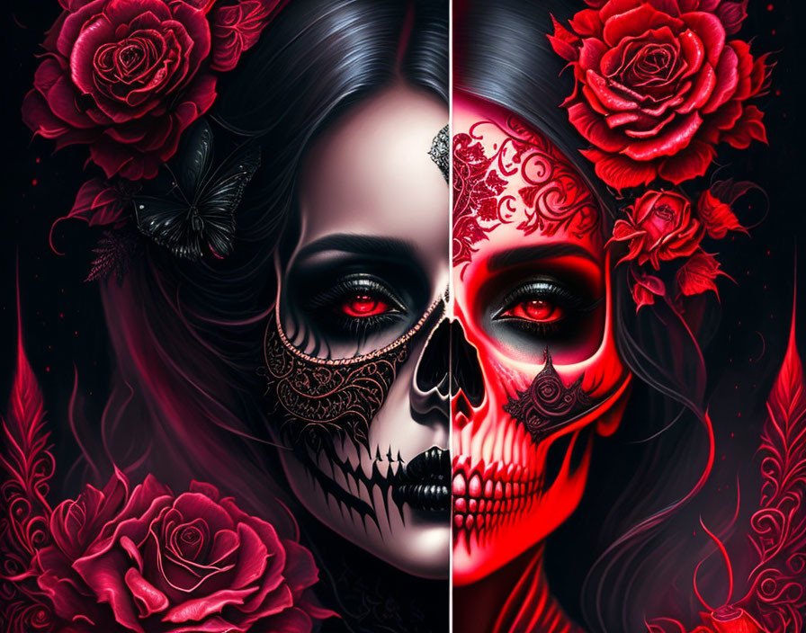 Artwork of Woman's Face with Gothic Makeup and Skull Split in Half
