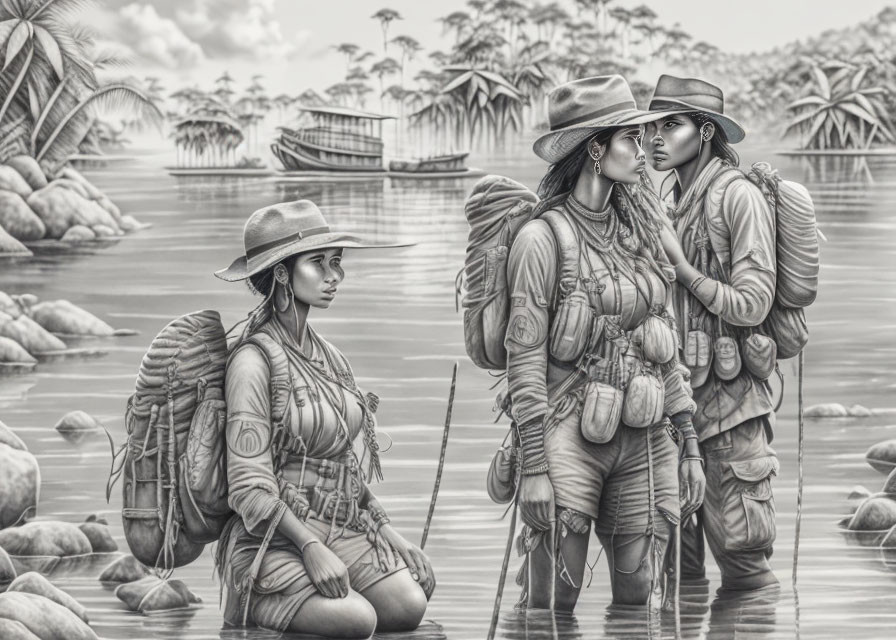 Three female adventurers with hats and backpacks near water body and tropical scenery.