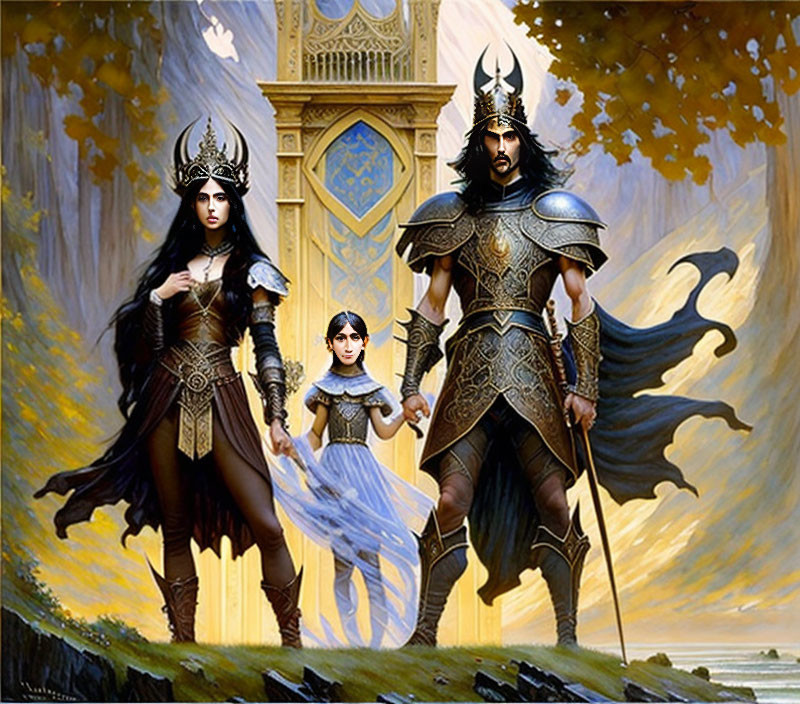 Three fantasy characters in ornate armor at golden citadel with spear and blue banner.