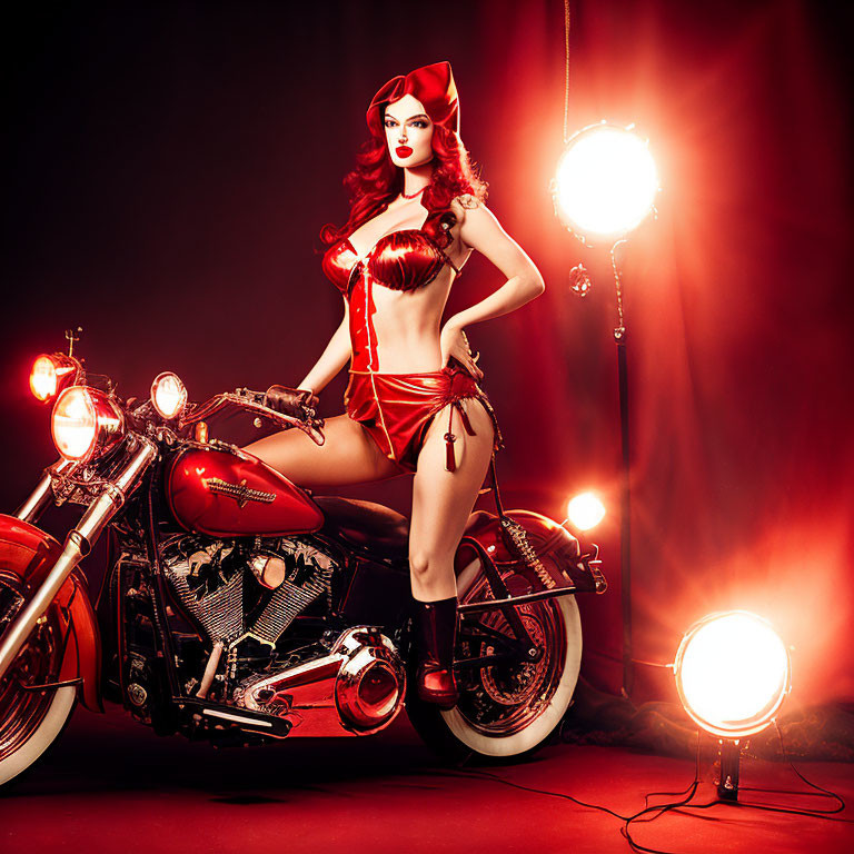 Vintage Red Pin-Up Woman Poses with Classic Motorcycle