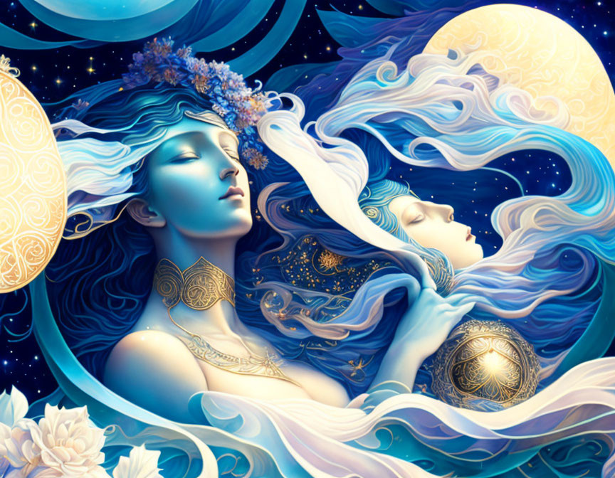 Surreal illustration of two women with flowing hair in moonlit scene