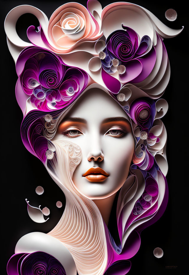 Surreal artistic depiction of woman's face with flowing locks and floral elements