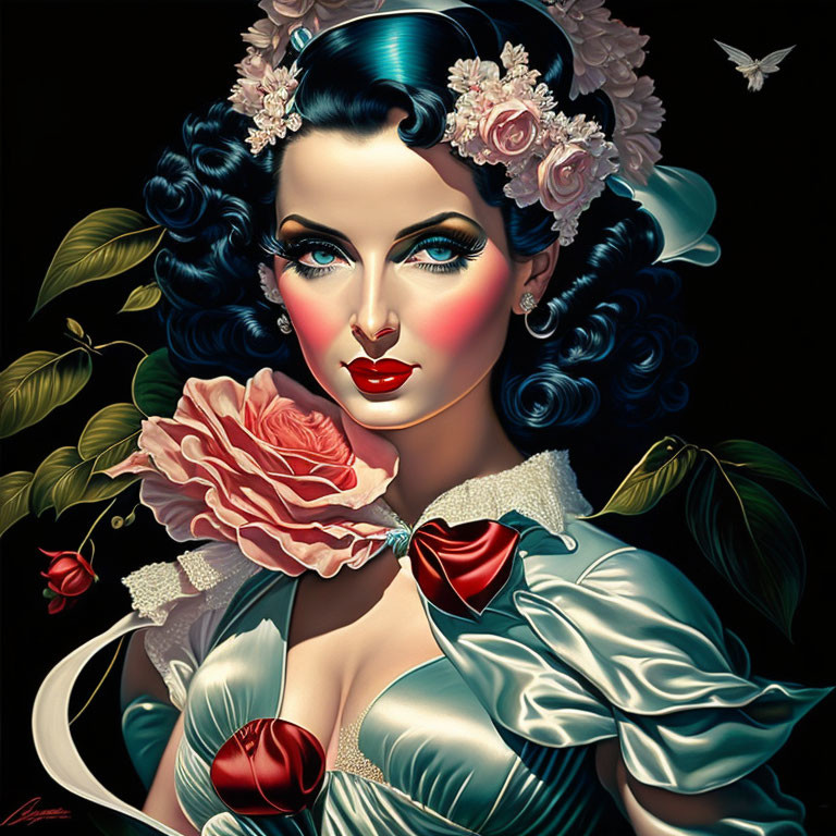 Woman with Blue-Black Hair, Red Lips, Flowers, Rose, Butterfly, and Ladybug