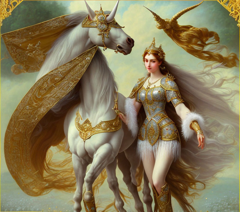 Regal woman in ornate armor with majestic white unicorn under cloudy sky