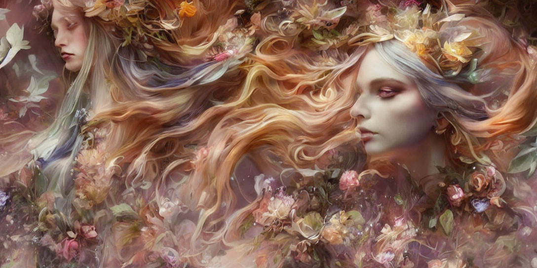 Ethereal women with floral crowns in dreamlike setting