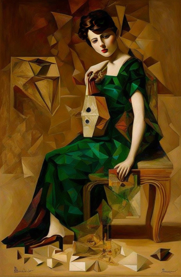 Cubist-style artwork featuring woman in green geometric dress