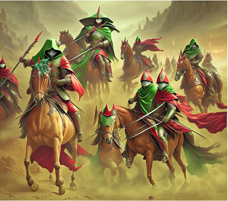 Four armored knights on horseback in green and red cloaks charge through misty golden battlefield