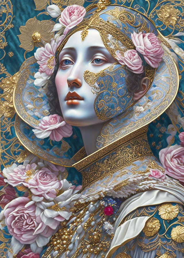 Illustrated portrait of woman with gold and floral adornments on blue background.