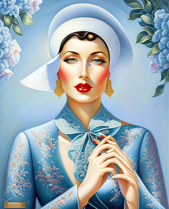 Illustration of elegant woman in wide-brimmed white hat and floral blue outfit