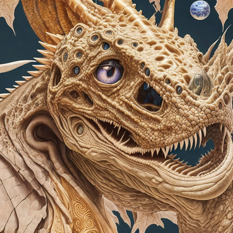 Detailed Golden Dragon Illustration with Swirling Horns and Blue Eyes