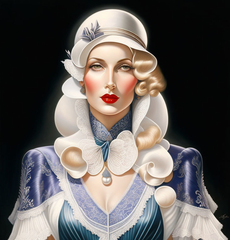 Stylized portrait of a lady with red lips in vintage blue dress and white feathered hat