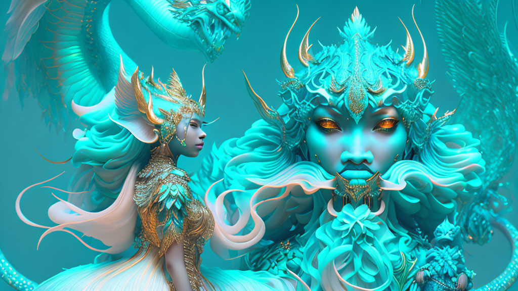 Fantastical image of two female figures in dragon-inspired attire with swirling serpentine forms.