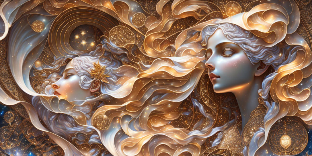 Ethereal beings with flowing hair in cosmic digital artwork