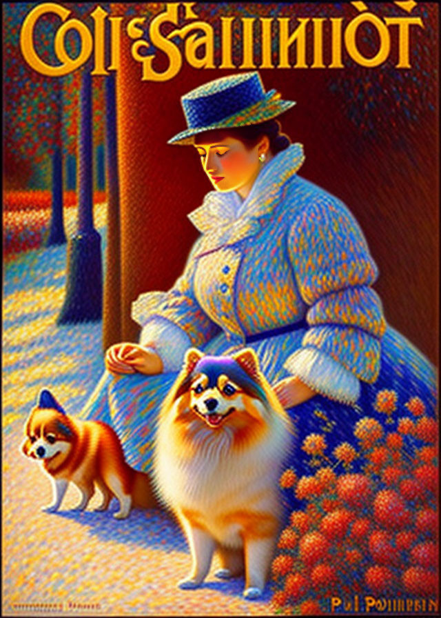 Vintage-style illustration of woman with Pomeranian dogs among colorful flowers and Cyrillic text.