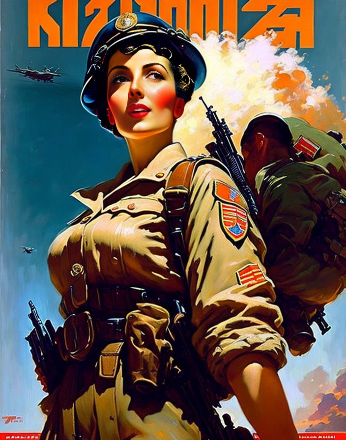 Classic War Propaganda Poster with Confident Woman in Military Uniform