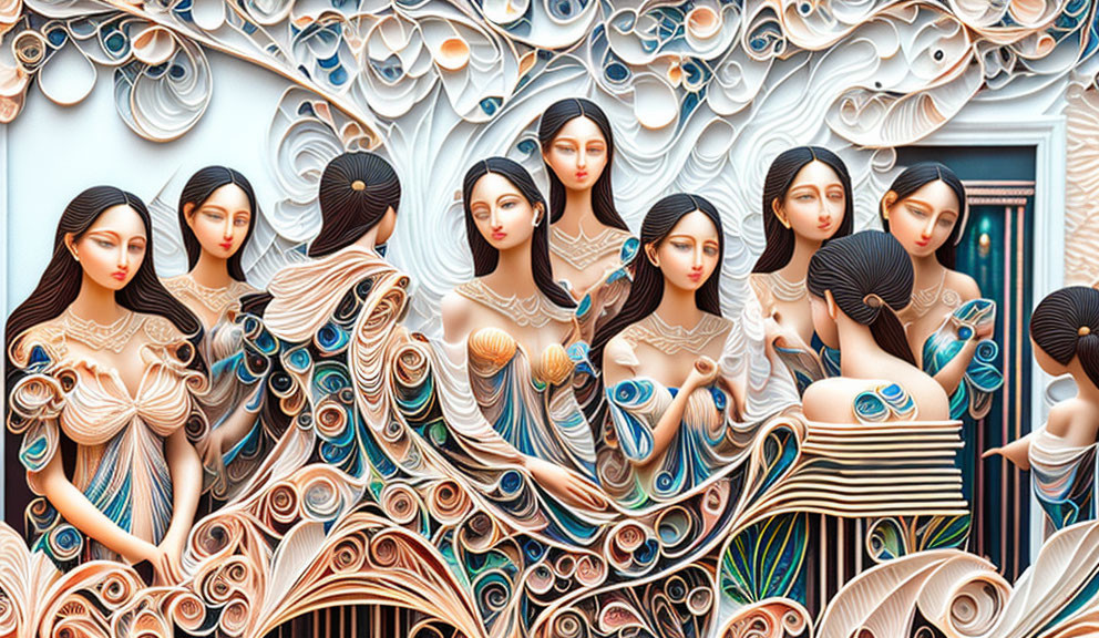 Stylized 3D Paper Quilling Artwork of Female Figures in Blues and Browns