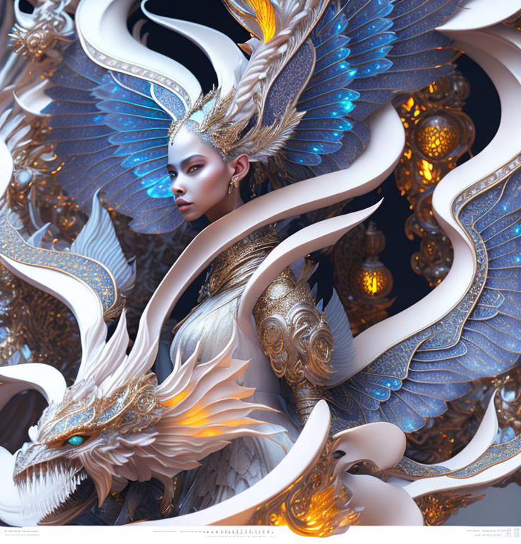 Fantasy armor woman with dragon in blue and gold wings on cool-toned backdrop