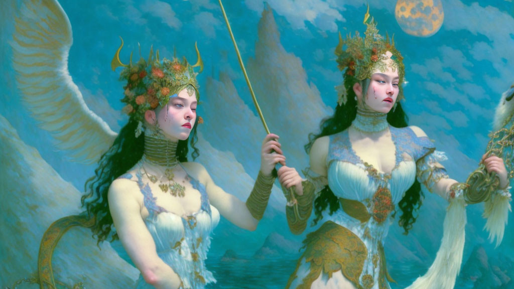 Ornate headdress twins in sea-themed attire against blue sky