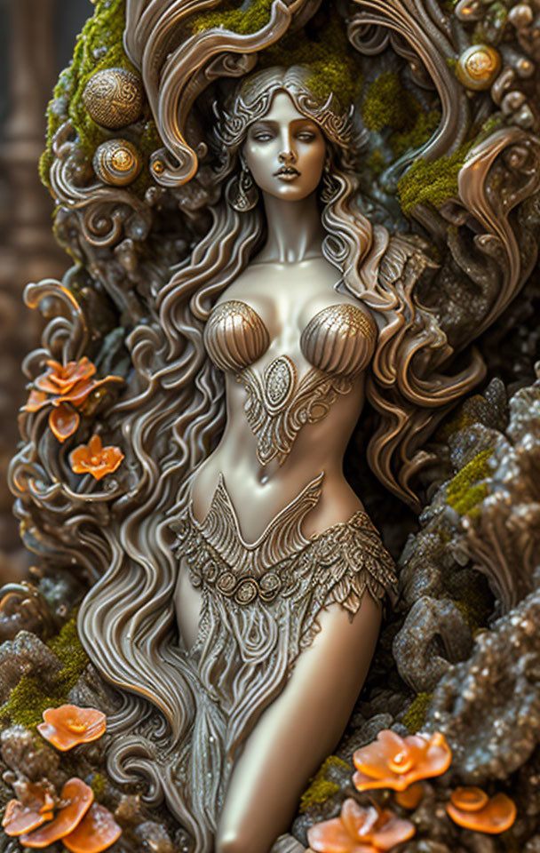 Fantasy sculpture: Woman with flowing hair and intricate body ornaments in mossy, mushroom-filled setting